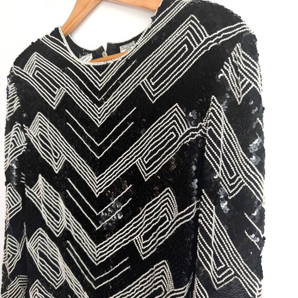 Vintage Crystal Silk Sequin Black White Sparkly Holiday Top M - Picture 3 of 7